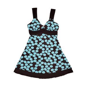 Y2K Speechless Twee Babydoll Dress Cirlcle Print Vneck Back Tie Sz M Teal Brown